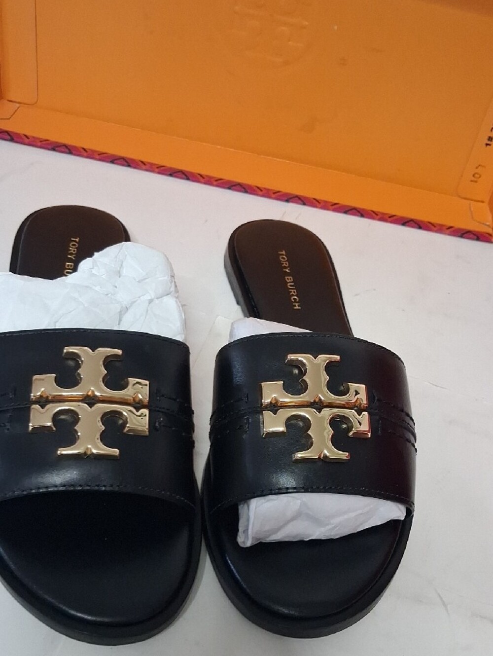 Tory Burch Black Leather Slide Sandals with Gold Logo - Picture 5 of 6